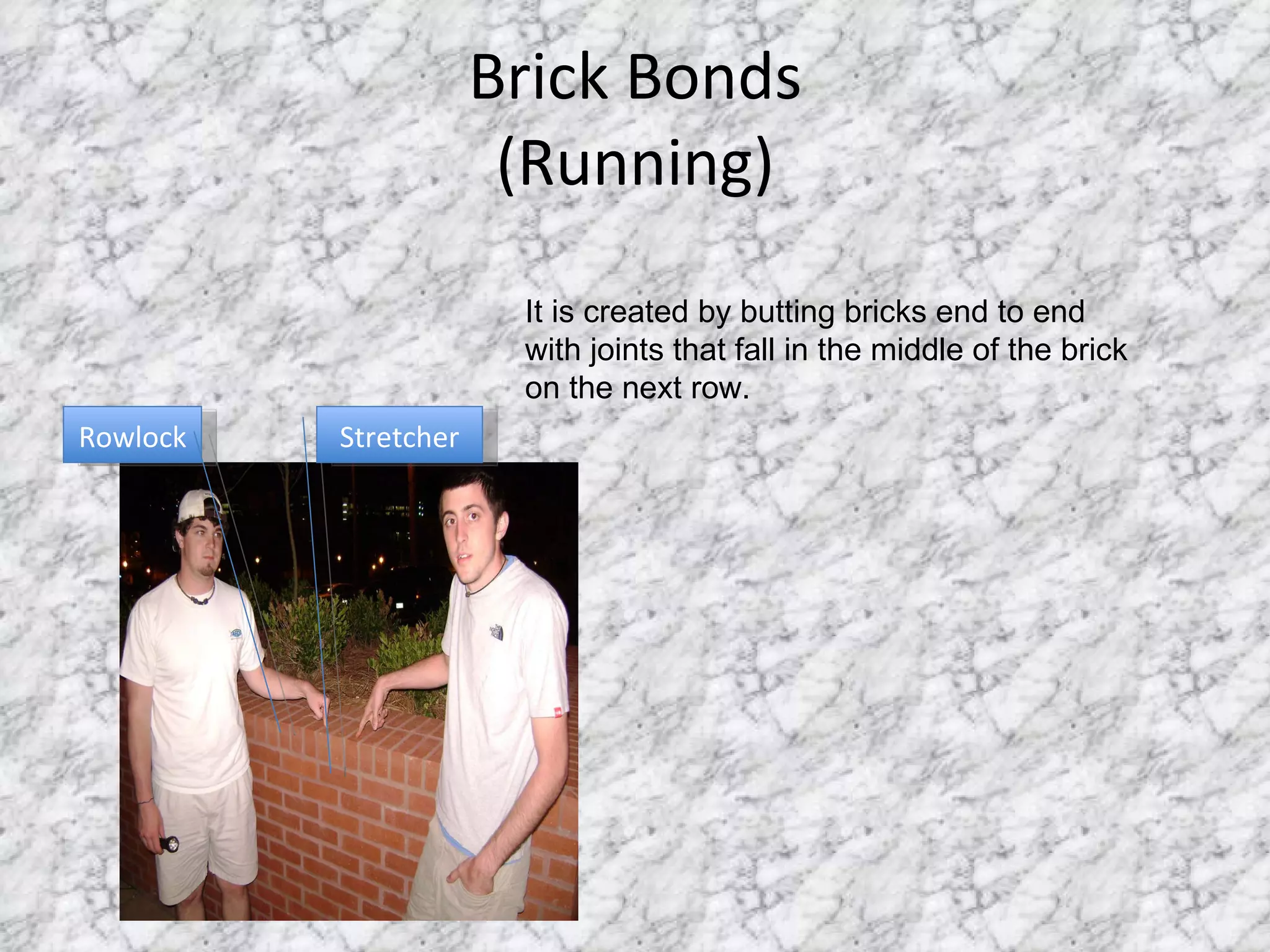 Brick Bonds (Running) Rowlock Stretcher It is created by butting bricks end to end with joints that fall in the middle of the brick on the next row. 