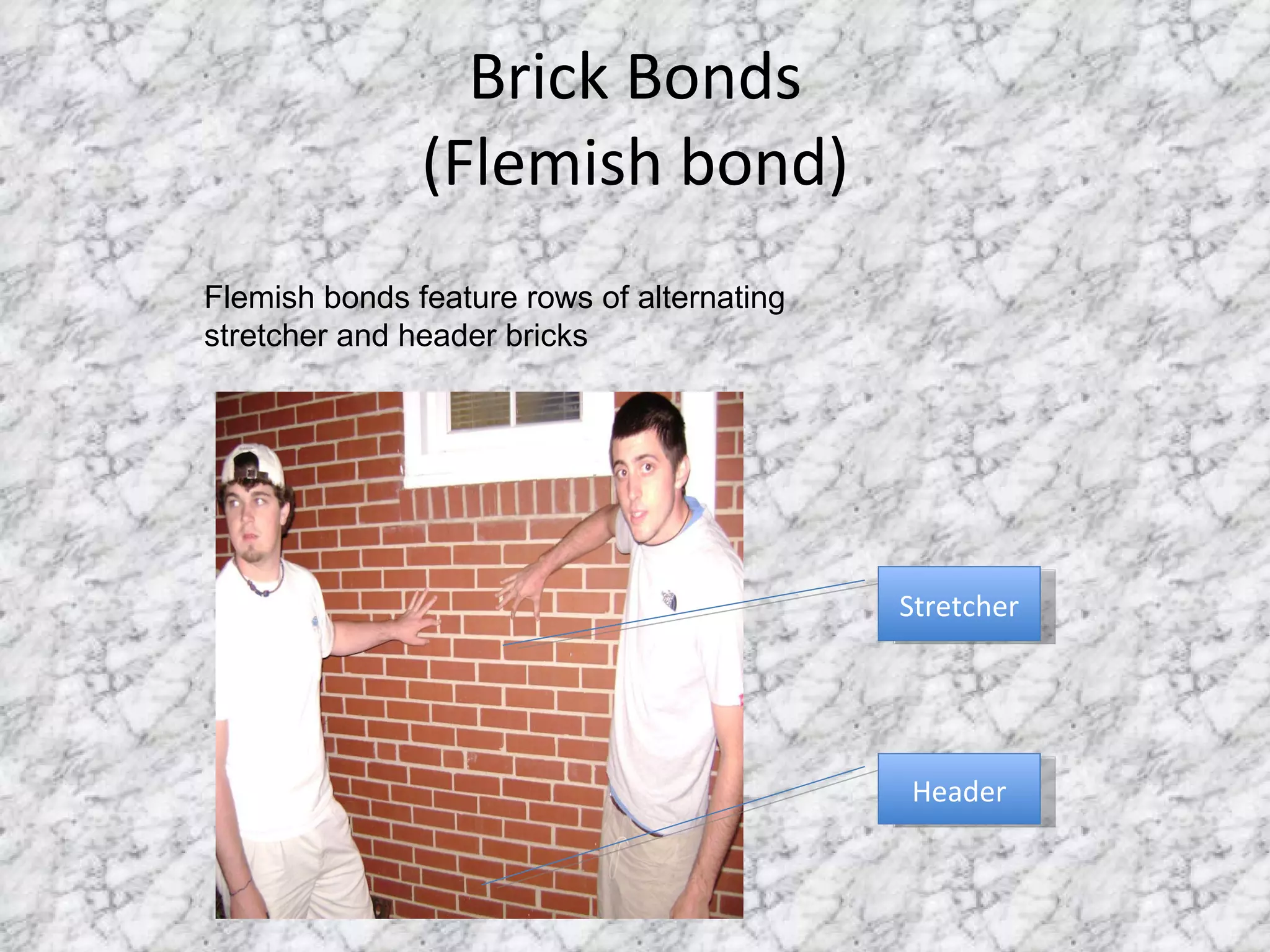 Brick Bonds (Flemish bond) Header Stretcher Flemish bonds feature rows of alternating stretcher and header bricks 