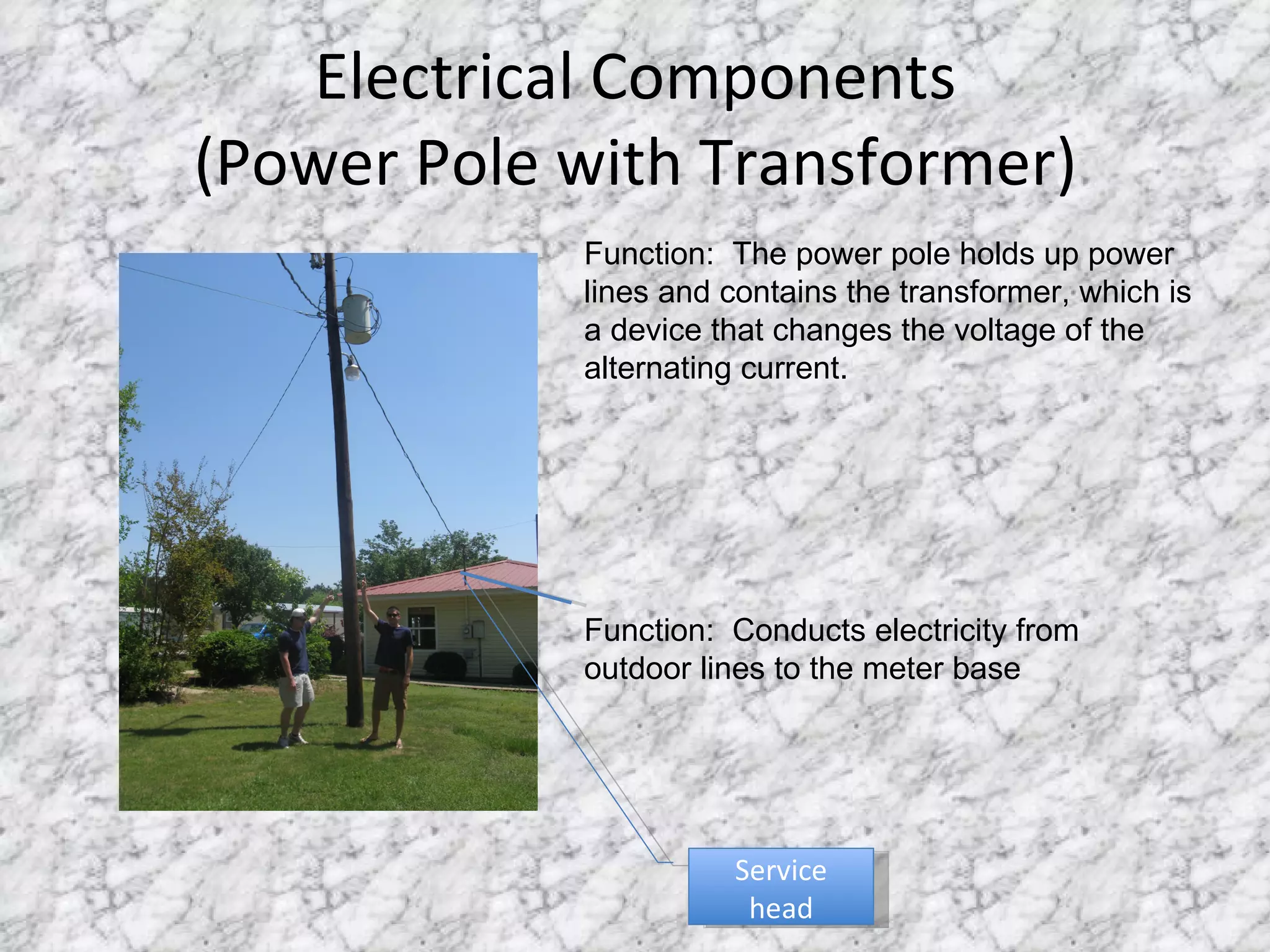Electrical Components (Power Pole with Transformer) Function:  The power pole holds up power lines and contains the transformer, which is a device that changes the voltage of the alternating current. Function:  Conducts electricity from outdoor lines to the meter base Service head 