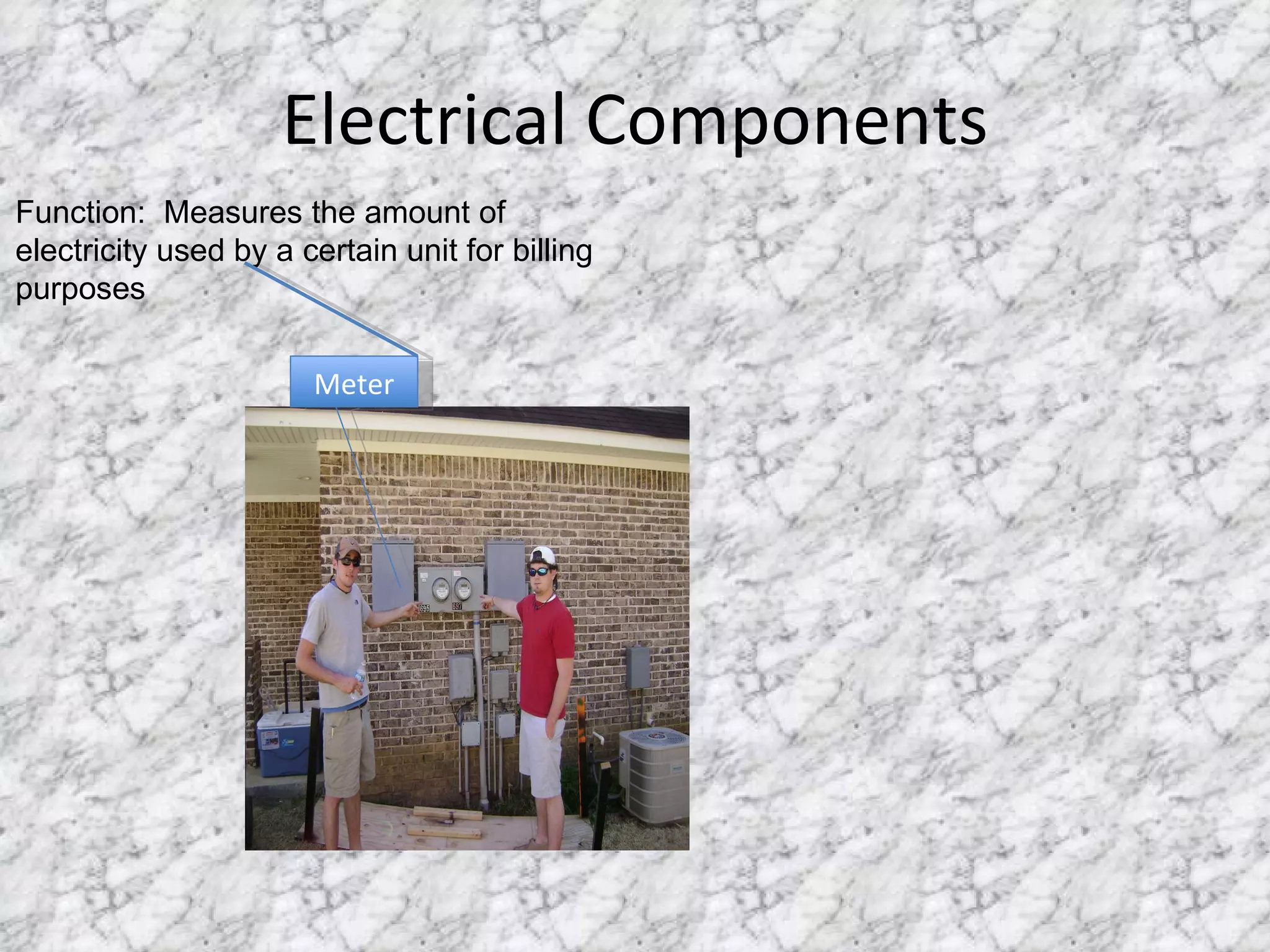 Electrical Components Meter Function:  Measures the amount of electricity used by a certain unit for billing purposes 
