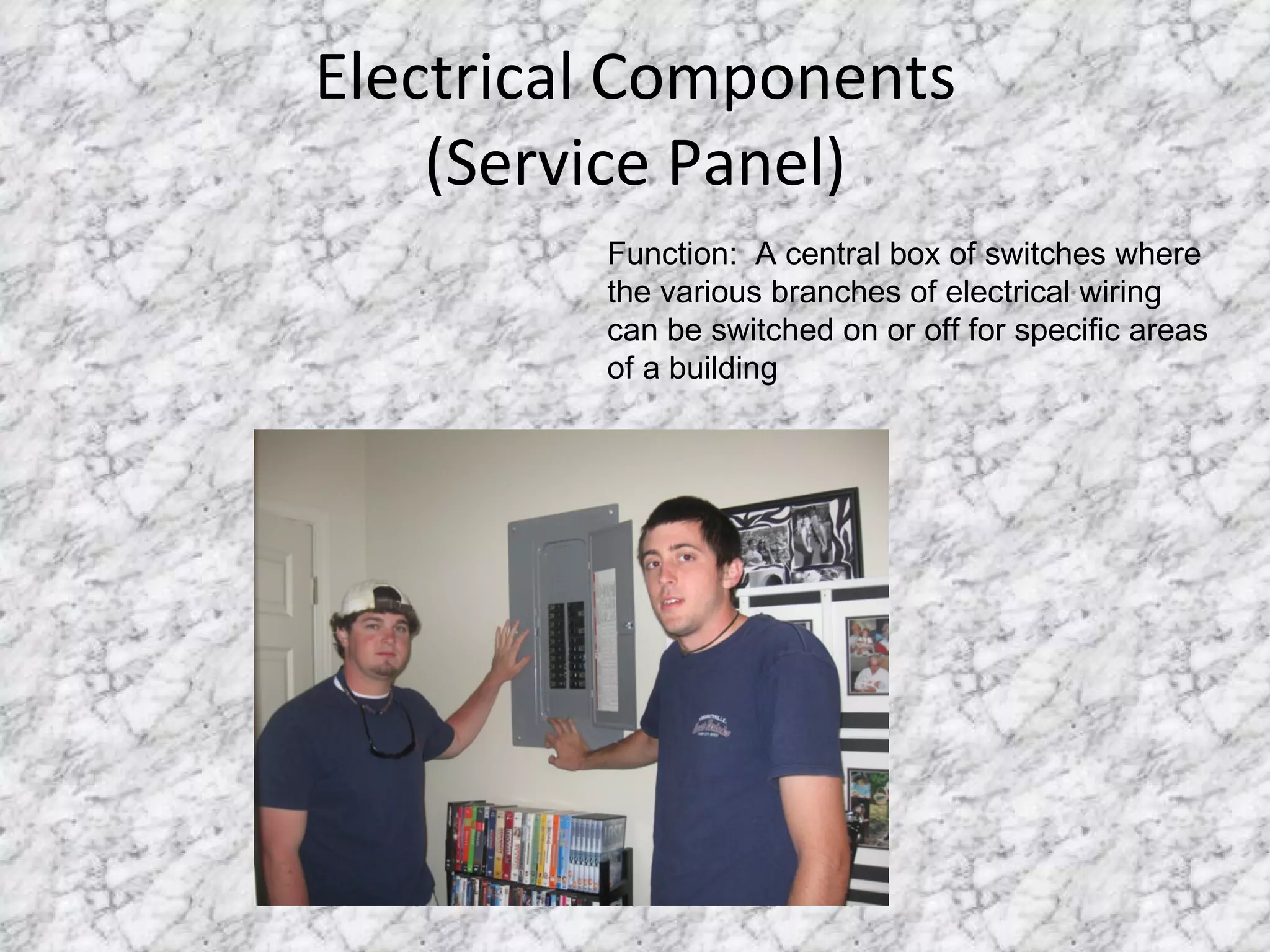 Electrical Components (Service Panel) Function:  A central box of switches where the various branches of electrical wiring can be switched on or off for specific areas of a building 