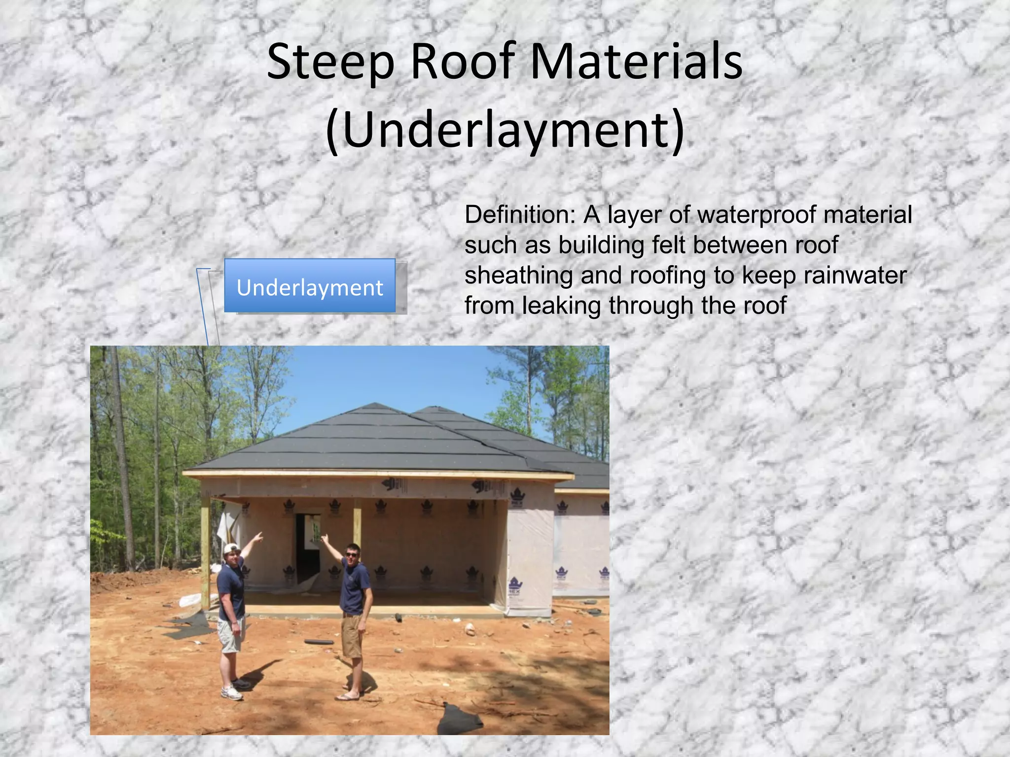 Steep Roof Materials (Underlayment) Underlayment Definition: A layer of waterproof material such as building felt between roof sheathing and roofing to keep rainwater from leaking through the roof 