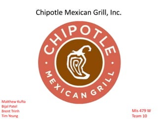 Chipotle Mexican Grill, Inc. Matthew Kufta Bijal Patel	 Brent Trinh Tim Yeung Mis 479 WTeam 10 