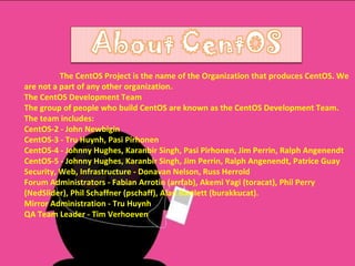 The CentOS Project is the name of the Organization that produces CentOS. We are not a part of any other organization.  The CentOS Development Team The group of people who build CentOS are known as the CentOS Development Team. The team includes: CentOS-2 - John Newbigin CentOS-3 - Tru Huynh, Pasi Pirhonen CentOS-4 - Johnny Hughes, Karanbir Singh, Pasi Pirhonen, Jim Perrin, Ralph Angenendt CentOS-5 - Johnny Hughes, Karanbir Singh, Jim Perrin, Ralph Angenendt, Patrice Guay Security, Web, Infrastructure - Donavan Nelson, Russ Herrold Forum Administrators - Fabian Arrotin (arrfab), Akemi Yagi (toracat), Phil Perry (Nedݺߣr), Phil Schaffner (pschaff), Alan Bartlett (burakkucat). Mirror Administration - Tru Huynh QA Team Leader - Tim Verhoeven 