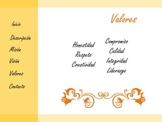 ValoresInicioDescripciónCompromisoCalidadIntegridadLiderazgoHonestidadRespetoCreatividadMisiónVisiónValoresContacto
