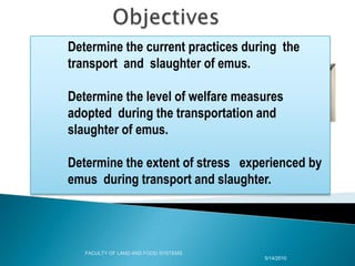 ObjectivesDetermine the current practices during  the 	transport  and  slaughter of emus. 		Determine the level of welfare measures    	adopted  during the transportation and   	slaughter of emus.	Determine the extent of stress   experienced by 	emus  during transport and slaughter.5/9/2010FACULTY OF LAND AND FOOD SYSTEMS