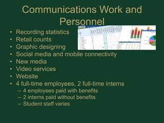 Communications Work and PersonnelRecording statisticsRetail countsGraphic designingSocial media and mobile connectivityNew mediaVideo servicesWebsite4 full-time employees, 2 full-time interns 4 employees paid with benefits2 interns paid without benefitsStudent staff varies