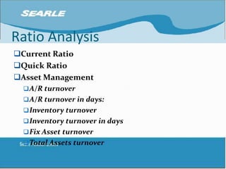 Ratio AnalysisCurrent RatioQuick RatioAsset ManagementA/R turnoverA/R turnover in days:Inventory turnoverInventory turnover in daysFix Asset turnoverTotal Assets turnover