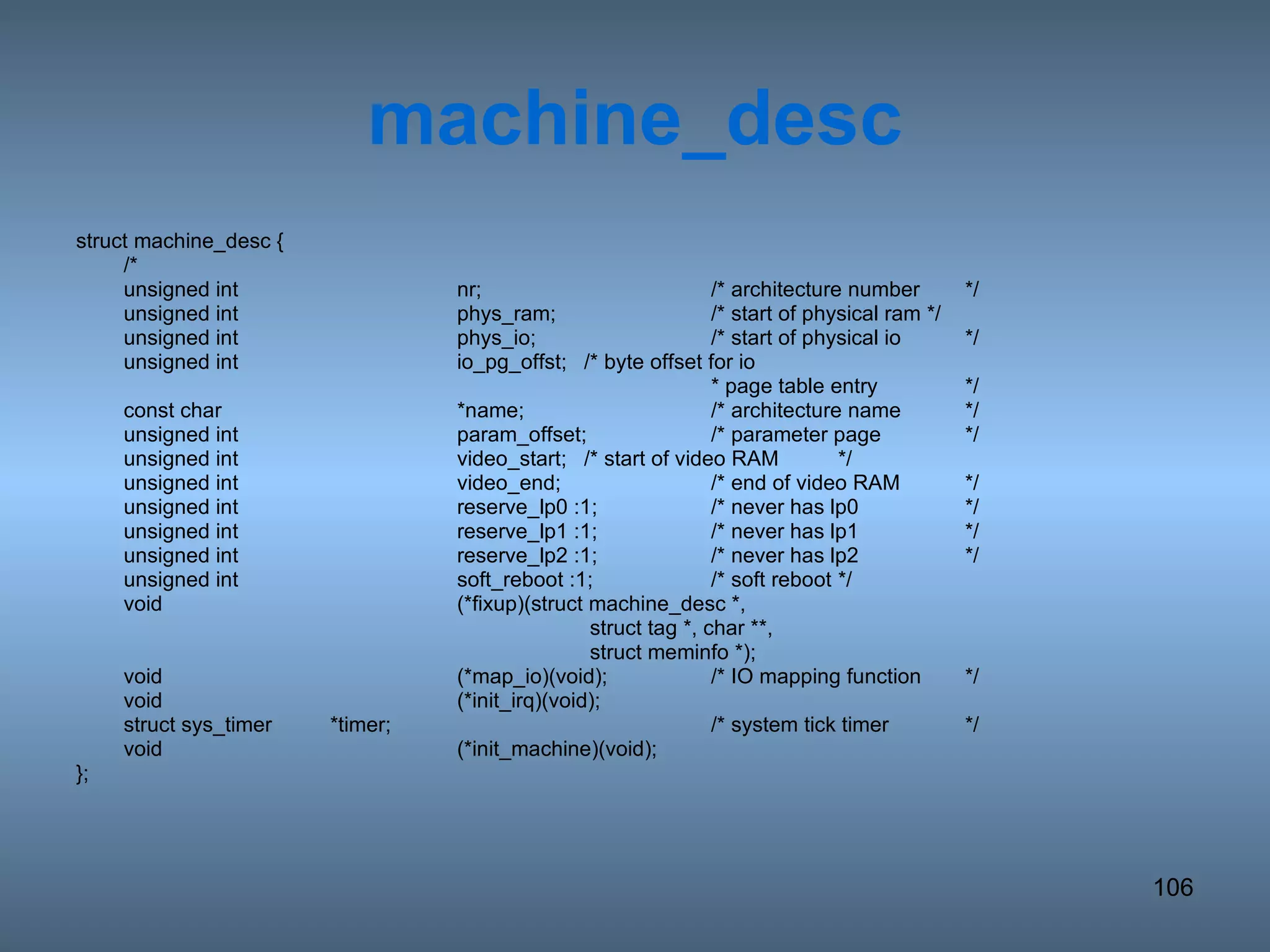 machine_desc struct machine_desc { /* unsigned int nr; /* architecture number */ unsigned int phys_ram; /* start of physical ram */ unsigned int phys_io; /* start of physical io */ unsigned int io_pg_offst; /* byte offset for io  * page table entry */ const char *name; /* architecture name */ unsigned int param_offset; /* parameter page */ unsigned int video_start; /* start of video RAM */ unsigned int video_end; /* end of video RAM */ unsigned int reserve_lp0 :1; /* never has lp0 */ unsigned int reserve_lp1 :1; /* never has lp1 */ unsigned int reserve_lp2 :1; /* never has lp2 */ unsigned int soft_reboot :1; /* soft reboot */ void (*fixup)(struct machine_desc *,   struct tag *, char **,   struct meminfo *); void (*map_io)(void); /* IO mapping function */ void (*init_irq)(void); struct sys_timer *timer; /* system tick timer */ void (*init_machine)(void); }; 