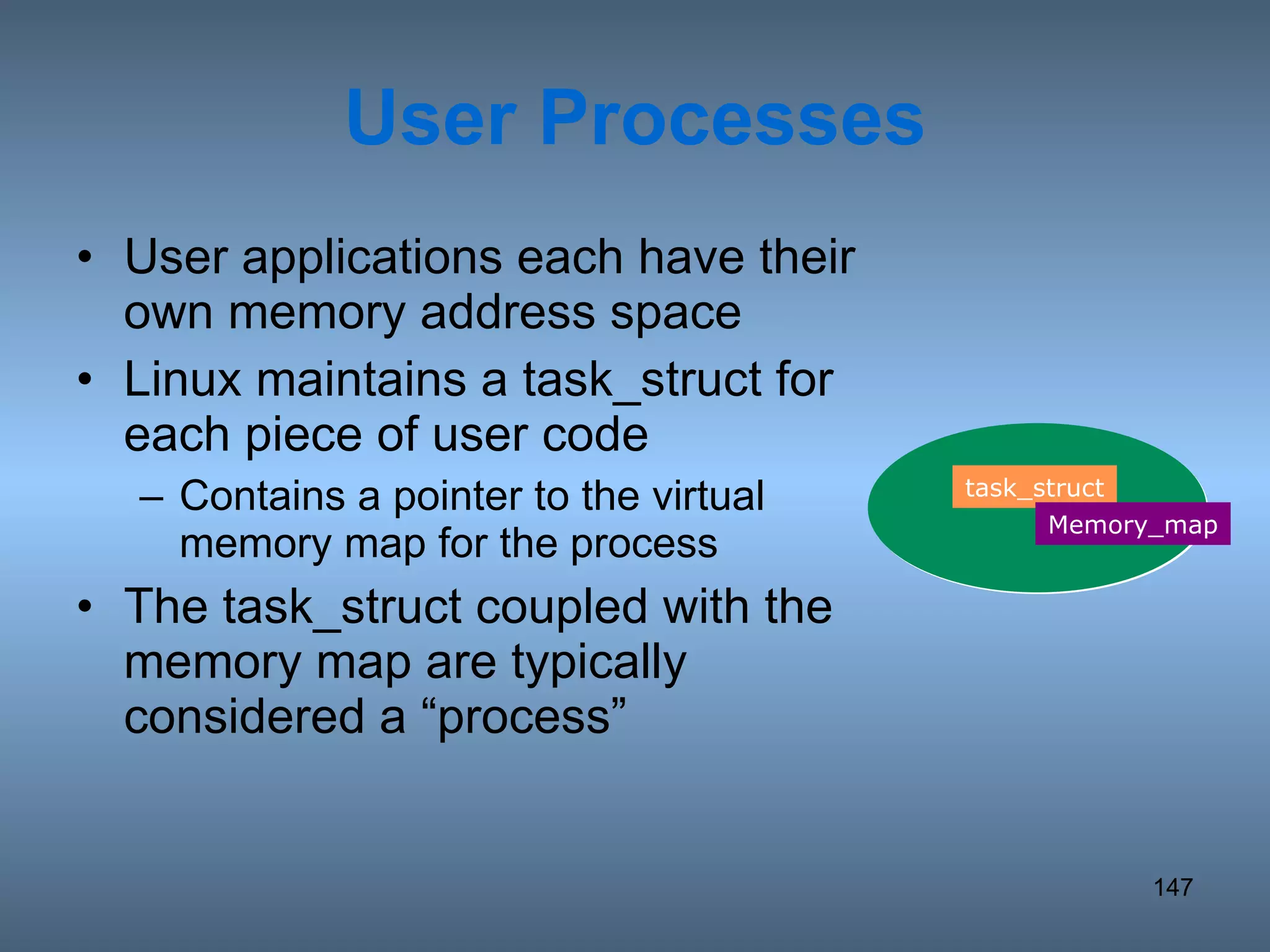User Processes User applications each have their own memory address space Linux maintains a task_struct for each piece of user code  Contains a pointer to the virtual memory map for the process The task_struct coupled with the memory map are typically considered a “process” task_struct Memory_map 