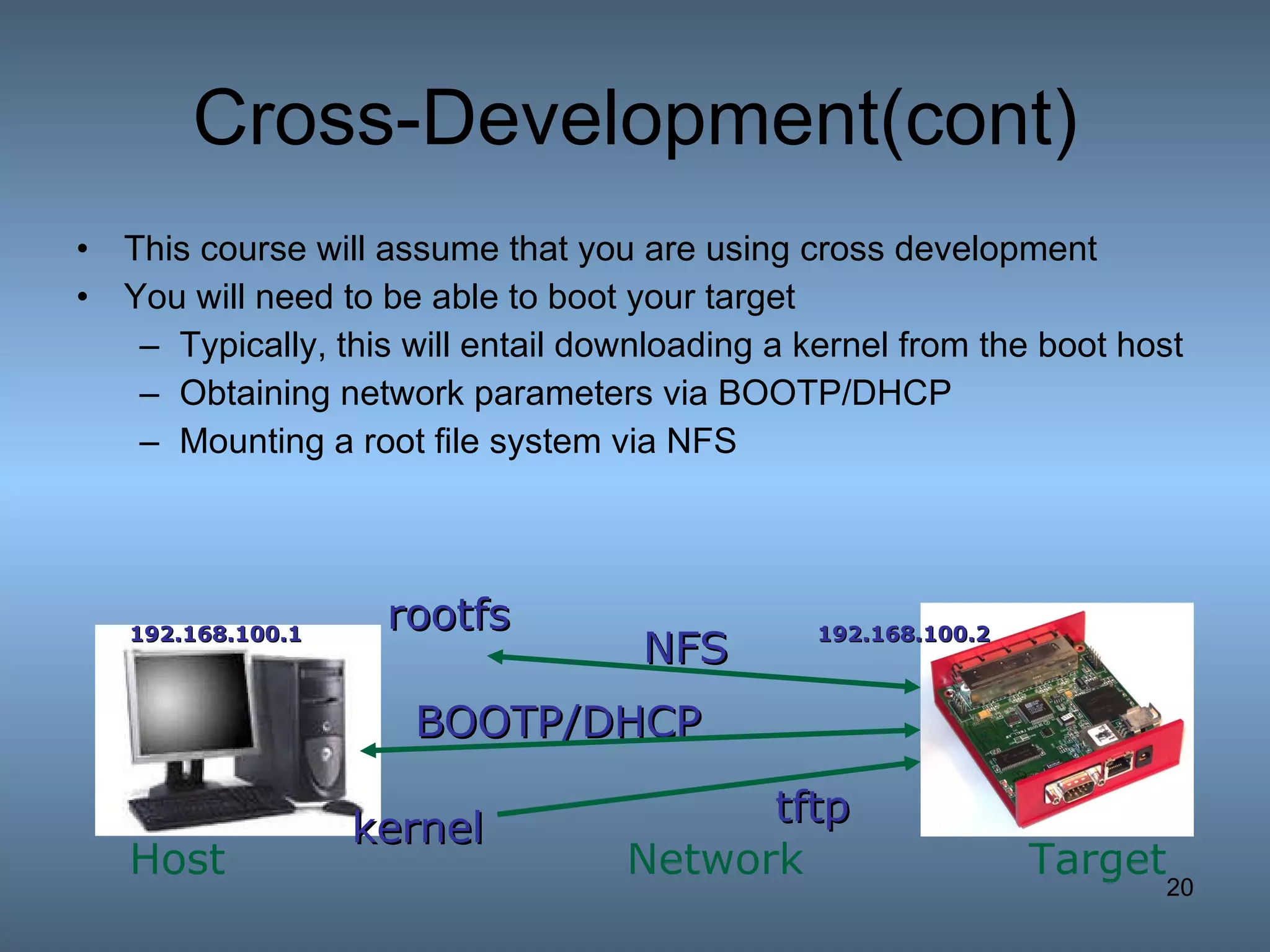 Cross-Development(cont) This course will assume that you are using cross development You will need to be able to boot your target Typically, this will entail downloading a kernel from the boot host Obtaining network parameters via BOOTP/DHCP Mounting a root file system via NFS Host Target Network kernel rootfs NFS tftp 192.168.100.2 BOOTP/DHCP 192.168.100.1 