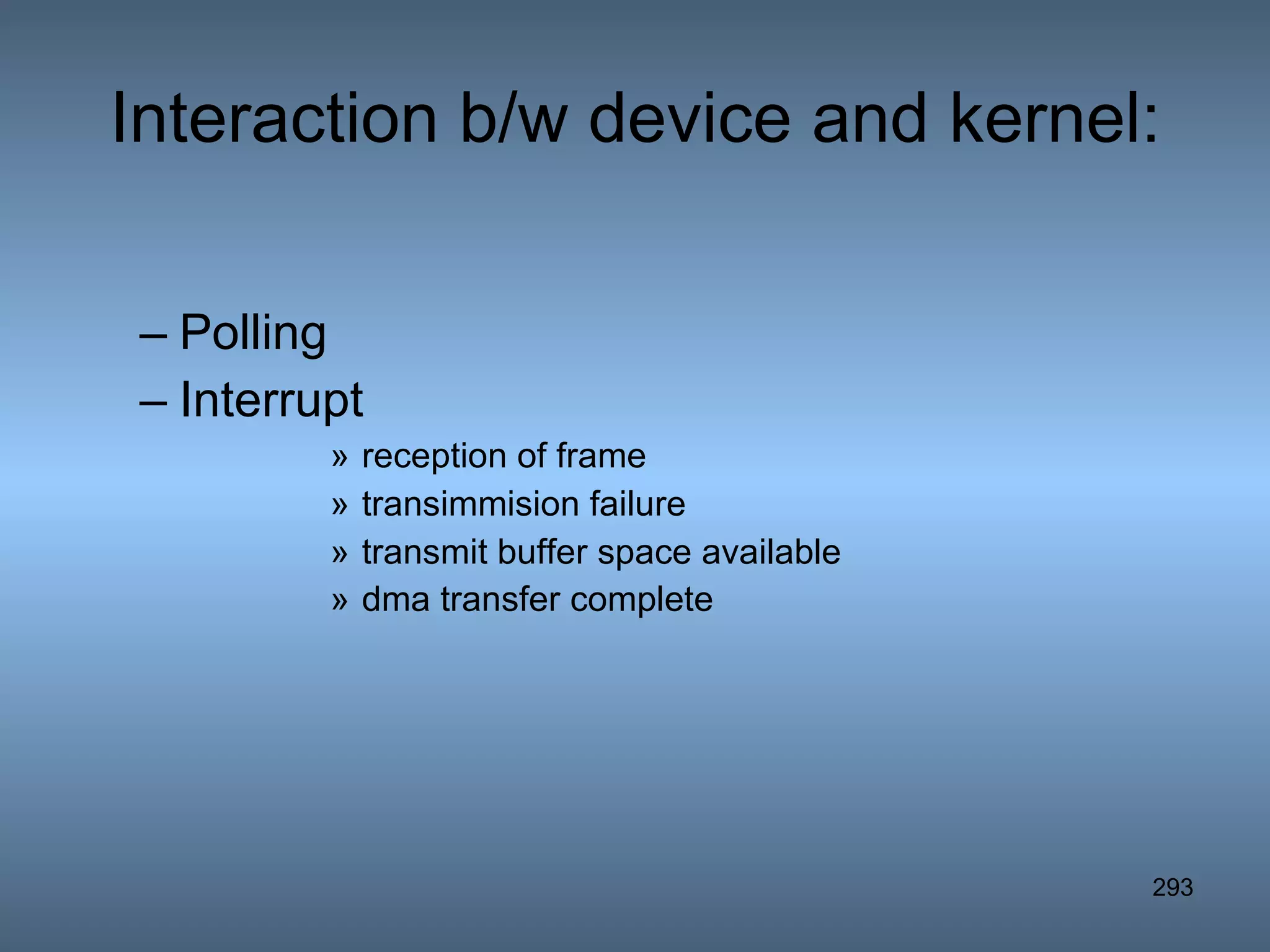 Interaction b/w device and kernel: Polling Interrupt reception of frame transimmision failure transmit buffer space available dma transfer complete   