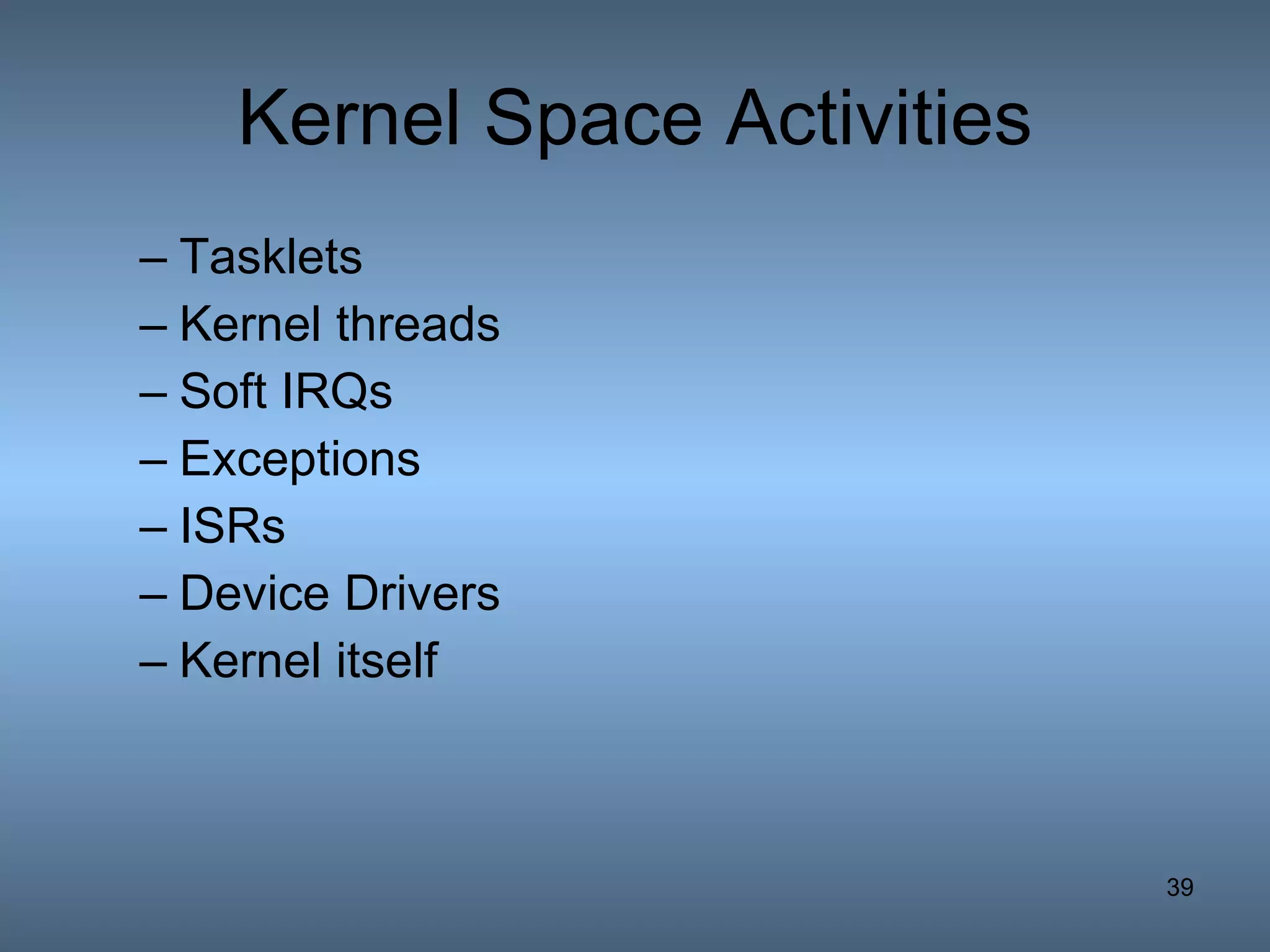 Kernel Space Activities Tasklets Kernel threads Soft IRQs Exceptions ISRs Device Drivers Kernel itself 