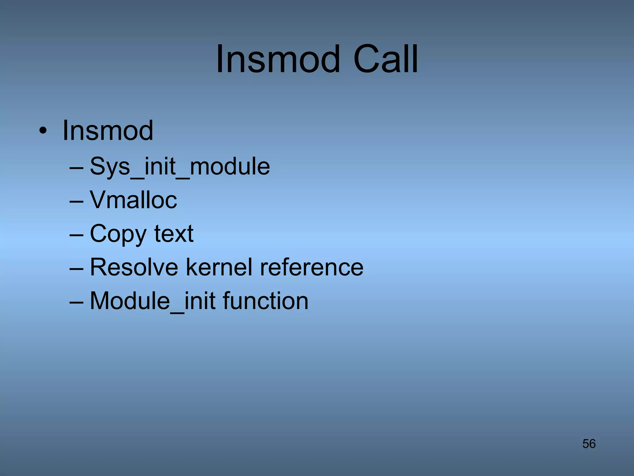 Insmod Call Insmod Sys_init_module Vmalloc Copy text Resolve kernel reference Module_init function 