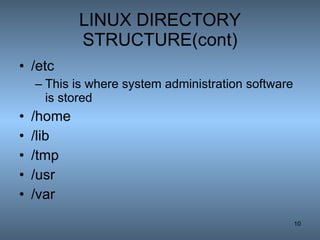 LINUX DIRECTORY STRUCTURE(cont) /etc This is where system administration software is stored  /home /lib /tmp /usr /var 