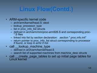 Linux Flow(Contd.) ARM-specific kernel code arch/arm/kernel/head.S: stext lookup_processor_type list in proc_info_list structs  defined in arch/arm/mm/proc-arm926.S and corresponding proc-*.S files linked into list by section declaration:  .section &quot;.proc.info.init&quot; return pointer to proc_info_list struct corresponding to processor if found, or loop in error if not call __lookup_machine_type defined in arch/arm/kernel/head.S search list of supported machines from machine_desc structs  call __create_page_tables to set up initial page tables for Linux kernel 
