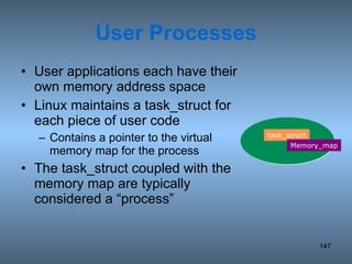 User Processes User applications each have their own memory address space Linux maintains a task_struct for each piece of user code  Contains a pointer to the virtual memory map for the process The task_struct coupled with the memory map are typically considered a “process” task_struct Memory_map 