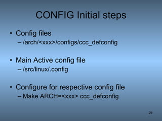 CONFIG Initial steps Config files /arch/<xxx>/configs/ccc_defconfig Main Active config file /src/linux/.config Configure for respective config file Make ARCH=<xxx> ccc_defconfig 