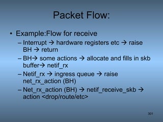 Packet Flow: Example:Flow for receive Interrupt    hardware registers etc    raise BH    return BH   some actions    allocate and fills in skb buffer   netif_rx Netif_rx    ingress queue    raise net_rx_action (BH) Net_rx_action (BH)    netif_receive_skb    action <drop/route/etc> 