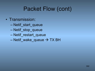 Packet Flow (cont) Transmission: Netif_start_queue Netif_stop_queue Netif_restart_queue Netif_wake_queue    TX BH 