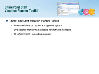 SharePoint Staff Vacation Planner ToolkitAutomated absence request and approval systemLive absence monitoring dashboard for staff and managersAll in SharePoint – no coding required.