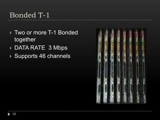 Bonded T-1Two or more T-1 Bonded togetherDATA RATE  3 Mbps Supports 46 channels10