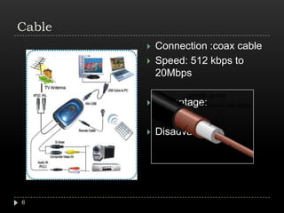 Cable Connection :coax cable Speed: 512 kbps to 20MbpsAdvantage:Disadvantage: 6