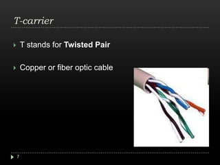 T-carrier T stands for Twisted PairCopper or fiber optic cable 7