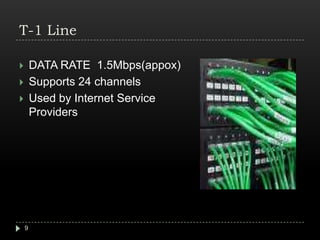 T-1 LineDATA RATE  1.5Mbps(appox)Supports 24 channelsUsed by Internet Service Providers 9