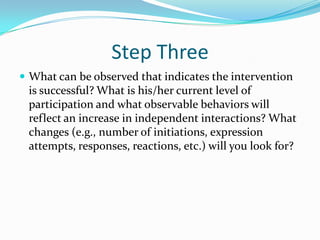 Step ThreeWhat can be observed that indicates the intervention is successful? What is his/her current level of participation and what observable behaviors will reflect an increase in independent interactions? What changes (e.g., number of initiations, expression attempts, responses, reactions, etc.) will you look for?
