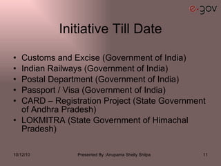 Initiative Till Date Customs and Excise (Government of India) Indian Railways (Government of India)  Postal Department (Government of India)  Passport / Visa (Government of India)  CARD – Registration Project (State Government of Andhra Pradesh)  LOKMITRA (State Government of Himachal Pradesh)  