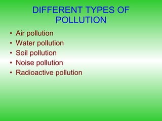 DIFFERENT TYPES OF POLLUTION Air pollution Water pollution Soil pollution Noise pollution Radioactive pollution 