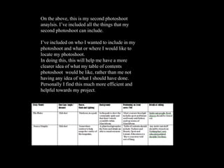 On the above, this is my second photoshoot anaylsis. I’ve included all the things that my second photoshoot can include. I’ve included on who I wanted to include in my photoshoot and what or where I would like to locate my photoshoot.  In doing this, this will help me have a more clearer idea of what my table of contents photoshoot  would be like, rather than me not having any idea of what I should have done. Personally I find this much more efficient and helpful towards my project.  