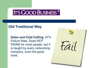 Old Traditional Way   Sales and Cold Calling , 97% Failure Rate, Does NOT WORK for most people, but it is taught by every networking company, even the good ones.  