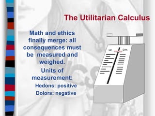 The Utilitarian Calculus
Math and ethics
finally merge: all
consequences must
be measured and
weighed.
Units of
measurement:
Hedons: positive
Dolors: negative
 