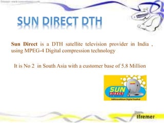 Sun Direct is a DTH satellite television provider in India ,
using MPEG-4 Digital compression technology
It is No 2 in South Asia with a customer base of 5.8 Million
 