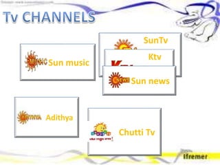 SunTv
Ktv
Sun music
Chutti Tv
Adithya
Sun news
 
