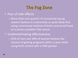 Fear of side effectsMore than one-quarter of unmarried young women believe it is extremely or quite likely that using a hormonal method of birth control will lead to a serious problem like cancerUnderestimating effectiveness42% of men and 40% of women believe the chance of getting pregnant within a year while using birth control pills is 50% greaterThe Fog Zone26