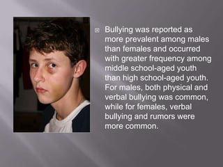 Bullying was reported as more prevalent among males than females and occurred with greater frequency among middle school-aged youth than high school-aged youth. For males, both physical and verbal bullying was common, while for females, verbal bullying and rumors were more common. 