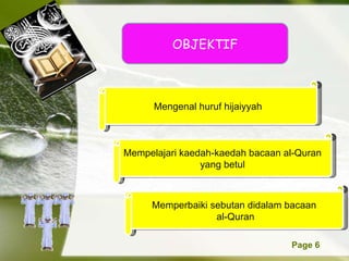 Mengenal huruf hijaiyyah Mempelajari kaedah-kaedah bacaan al-Quran yang betul OBJEKTIF Memperbaiki sebutan didalam bacaan al-Quran 