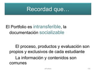 Recordad que…

El Portfolio es intransferible, la
  documentación socializable


     El proceso, productos y evaluación son
  propios y exclusivos de cada estudiante
     La información y contenidos son
  comunes
                     ePortfolio           150
 