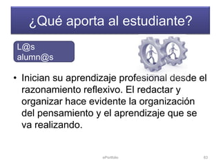 ¿Qué aporta al estudiante?
L@s
alumn@s

• Inician su aprendizaje profesional desde el
  razonamiento reflexivo. El redactar y
  organizar hace evidente la organización
  del pensamiento y el aprendizaje que se
  va realizando.


                    ePortfolio              83
 