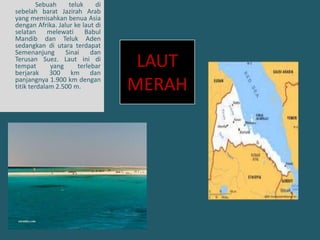 SebuahtelukdisebelahbaratJazirah Arab yang memisahkanbenua Asia denganAfrika. Jalurkelautdiselatanmelewati Babul MandibdanTeluk Aden sedangkandiutaraterdapatSemenanjung Sinai danTerusan Suez. Lautiniditempat yang terlebarberjarak 300 km danpanjangnya 1.900 km dengantitikterdalam 2.500 m.LAUT MERAH