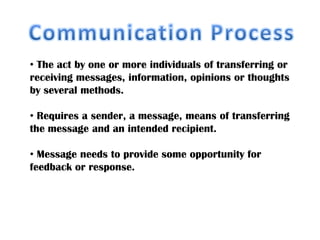 Communication Process ,[object Object],receiving messages, information, opinions or thoughts by several methods. ,[object Object],the message and an intended recipient. ,[object Object],feedback or response. 