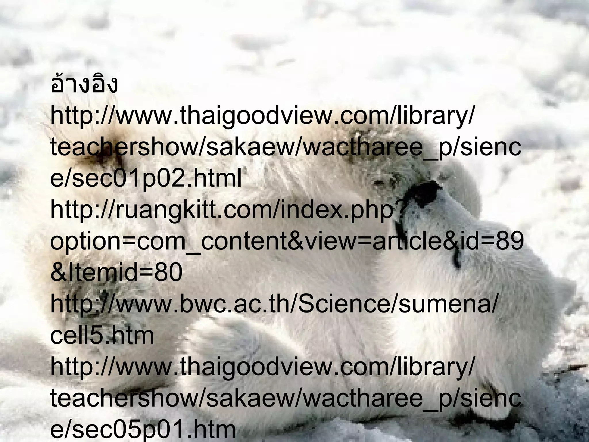 อ้างอิง http://www.thaigoodview.com/library/teachershow/sakaew/wactharee_p/sience/sec01p02.html http://ruangkitt.com/index.php?option=com_content&view=article&id=89&Itemid=80 http://www.bwc.ac.th/Science/sumena/cell5.htm http://www.thaigoodview.com/library/teachershow/sakaew/wactharee_p/sience/sec05p01.htm 