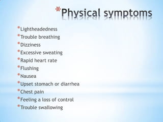 LightheadednessTrouble breathingDizzinessExcessive sweatingRapid heart rateFlushingNauseaUpset stomach or diarrheaChest painFeeling a loss of controlTrouble swallowing
