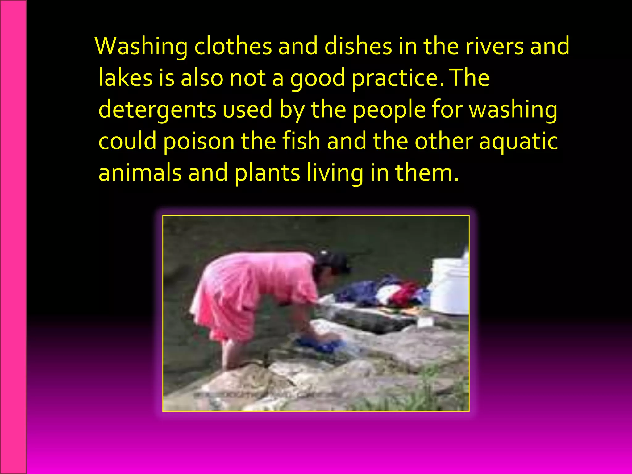Factories throw their chemical wastes into the bodies of water. These harmful chemicals such as  lead, mercury,  and arsenic acids pollute the water of the rivers. Fish, mussels (tahong) , and  other  aquatic animals growing in it could eat these chemicals. The people who eat these aquatic animals could get  poisoned. 