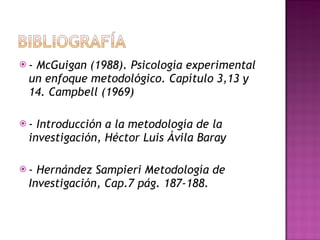 -  McGuigan (1988). Psicología experimental un enfoque metodológico. Capítulo 3,13 y 14. Campbell (1969) -  Introducción a la metodología de la investigación, Héctor Luis Ávila Baray  -  Hernández Sampieri Metodología de Investigación, Cap.7 pág. 187-188.  
