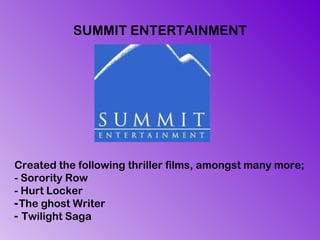 SUMMIT ENTERTAINMENT Created the following thriller films, amongst many more; - Sorority Row - Hurt Locker The ghost Writer Twilight Saga 