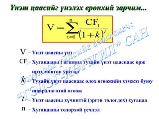 Үнэт цаасийг үнэлэх ерөнхий зарчим... Үнэт цаасны үнэ Хугацааны  t  агшинд тухайн үнэт цааснаас орж ирэх мөнгөн урсгал Тухайн үнэт цааснаас олох өгөөжийн хэмжээ буюу шаардлагатай өгөөж Үнэт цаасны хүчинтэй  ( эргэн төлөгдөх )  хугацаа Хугацааны тодорхой үечлэл 
